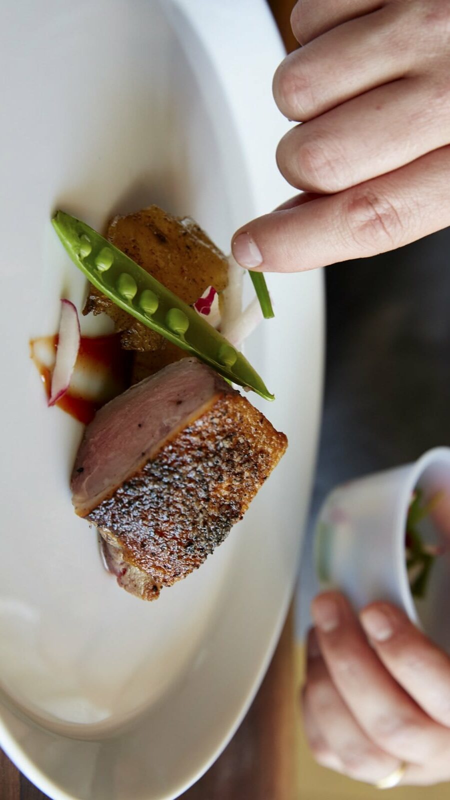 person garnishing meat on a plate