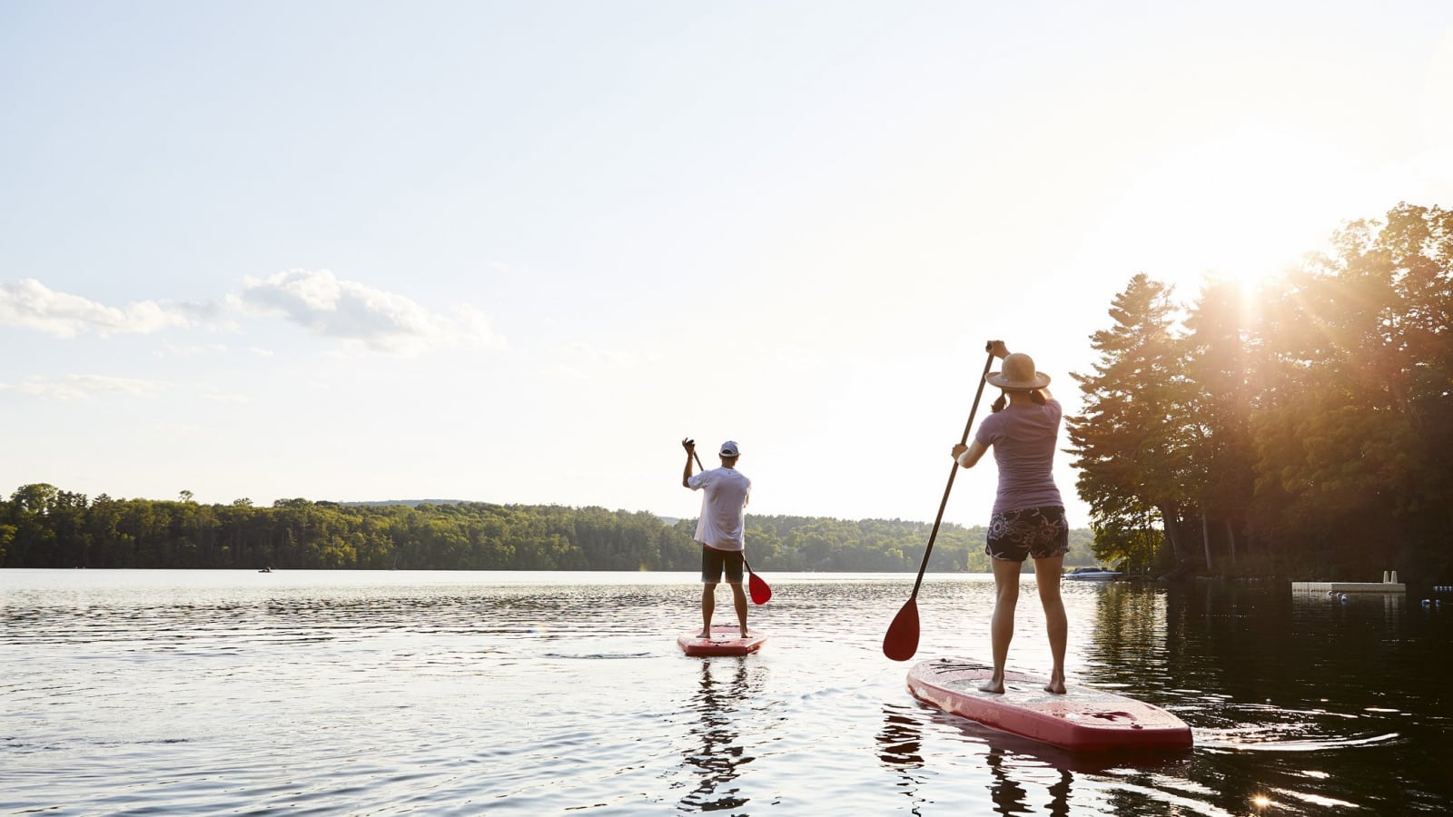 two people stand up paddle boarding