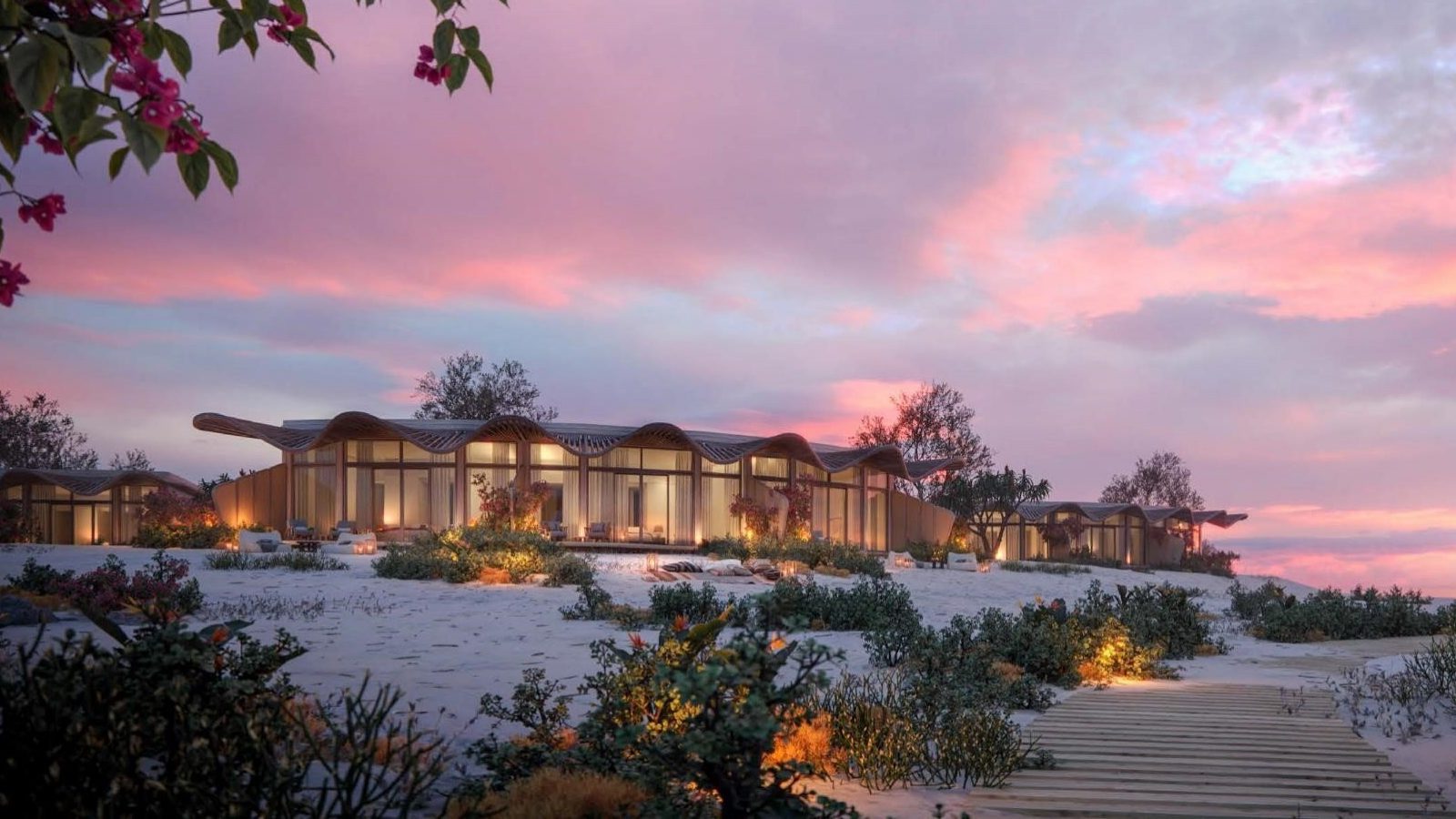 exterior of Miraval resort with the sun set