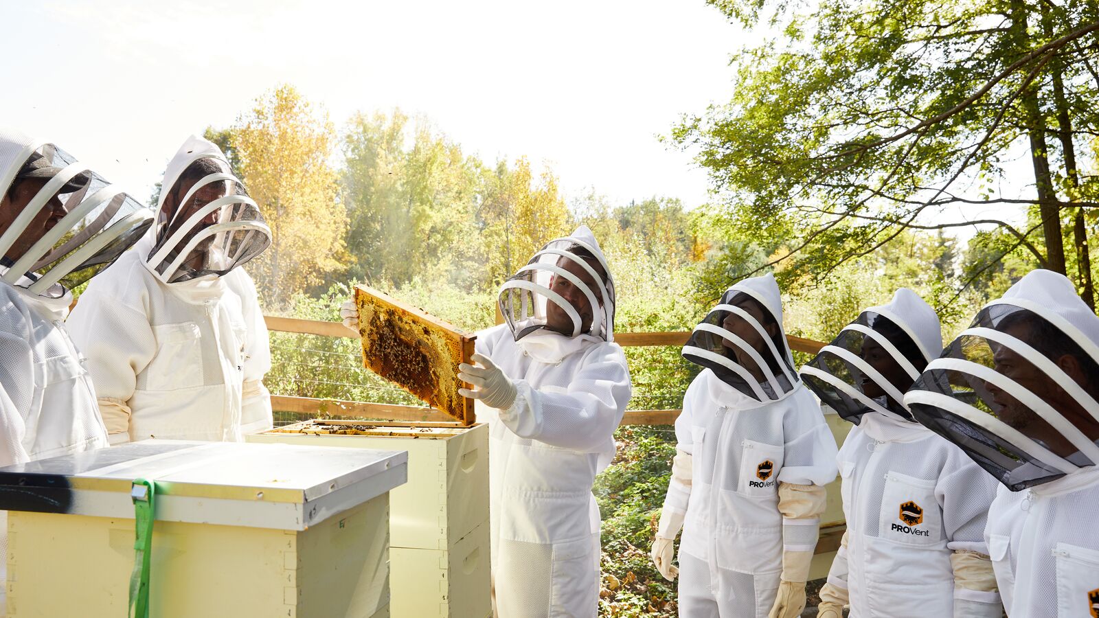 group of people around person holding a bee hive tray