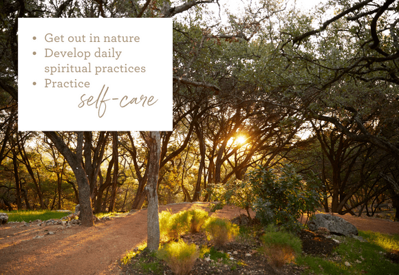 Sun shining through trees on path and self care quote