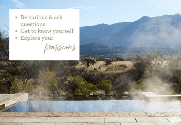 Infinity pool in front of beautiful mountain and desert landscape and passions quote