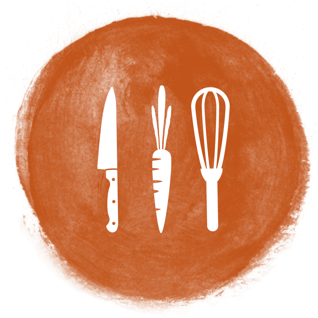 orange watercolour graphic with cutlery and carrot