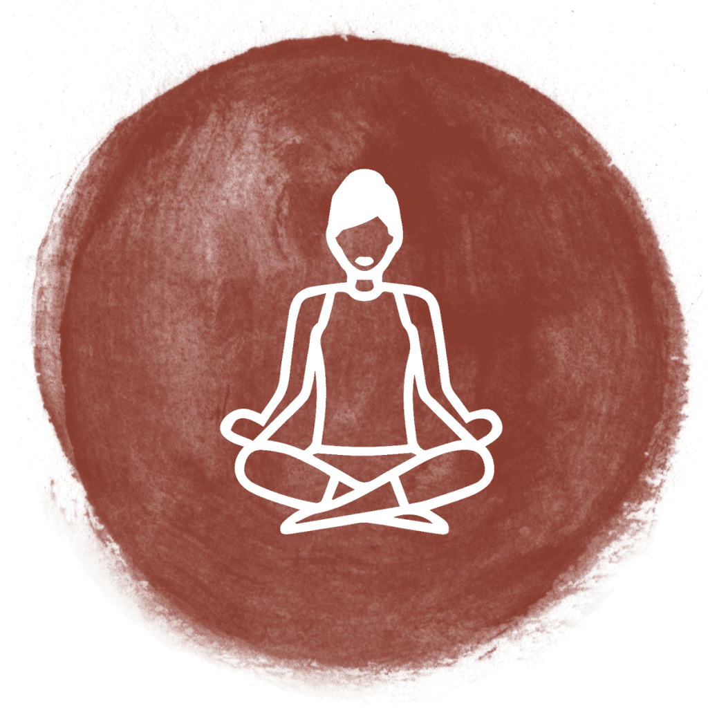 red watercolour graphic with woman sitting in yoga pose